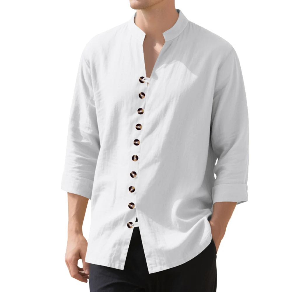 Camisa de manga larga de lino y algodón para hombre, Top informal con botones de Color sólido, camisa cómoda y ligera transpirable, camisas con cuello Henly