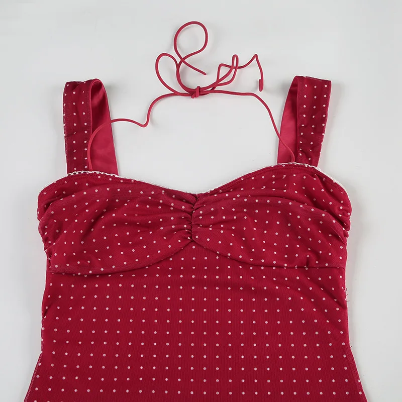 Robe française romantique à pois, imprimé à bretelles, High Street Y2K, Robe de soirée en maille, col en v, col licou, Mini Robe à lacets pour dames, été