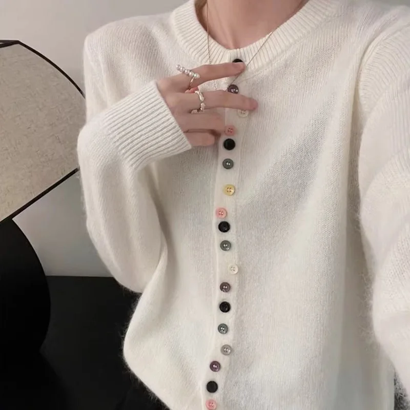 Fashion Knitting 2024 New Cardigan Spring Autumn Temperament Top Tee Long Sleeve O-neck Sweater Coat Sweet Solid Color Top Tee