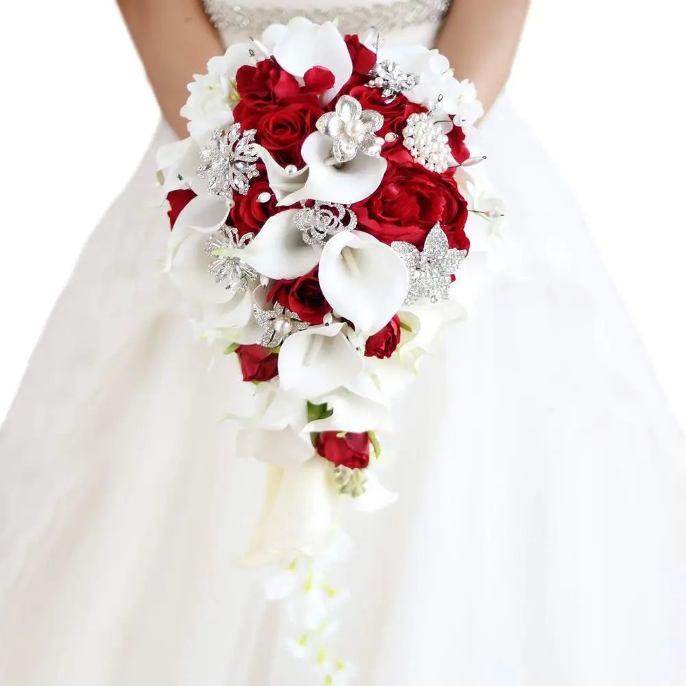 

Elegant Calla Lily & Diamond Pearl Bridal Bouquet for Romantic Weddings (Red)