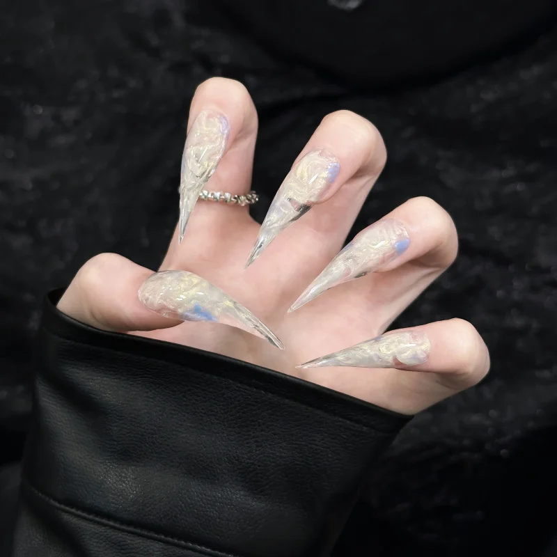 Curved Long Stiletto Aurora Cat Eye Press On Nails 3D Embossed Rose Transparent Glossy Fairy Cool Reusable False Nail Tips