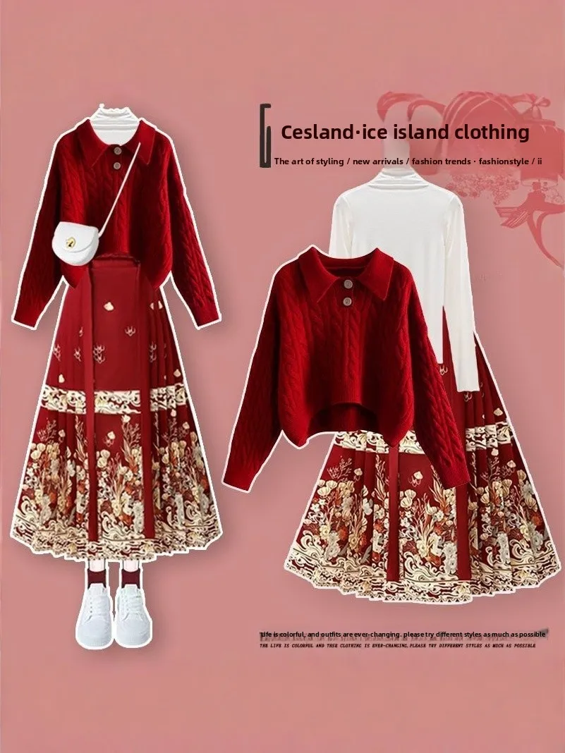 Red Sweater Base irt National Sle  Face Skirt Tee Piece Set New Chinese Sle Women's Faion Ensemble Long Sve...
