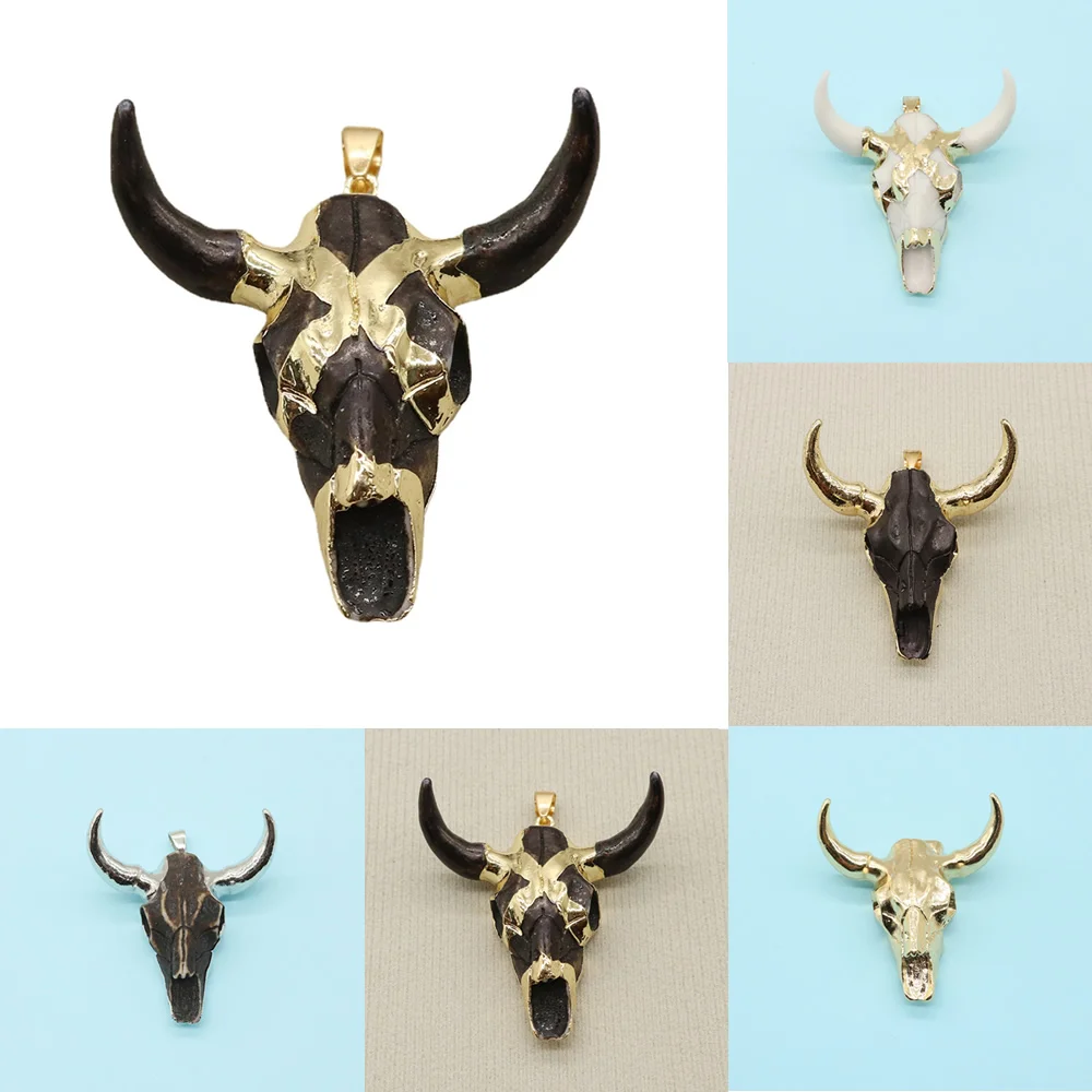 Natural Stone Acrylic Vintage Ethnic Bull Skull Necklace Pendant White Black Color Suitable for DIY Jewelry Making Size 45x46mm