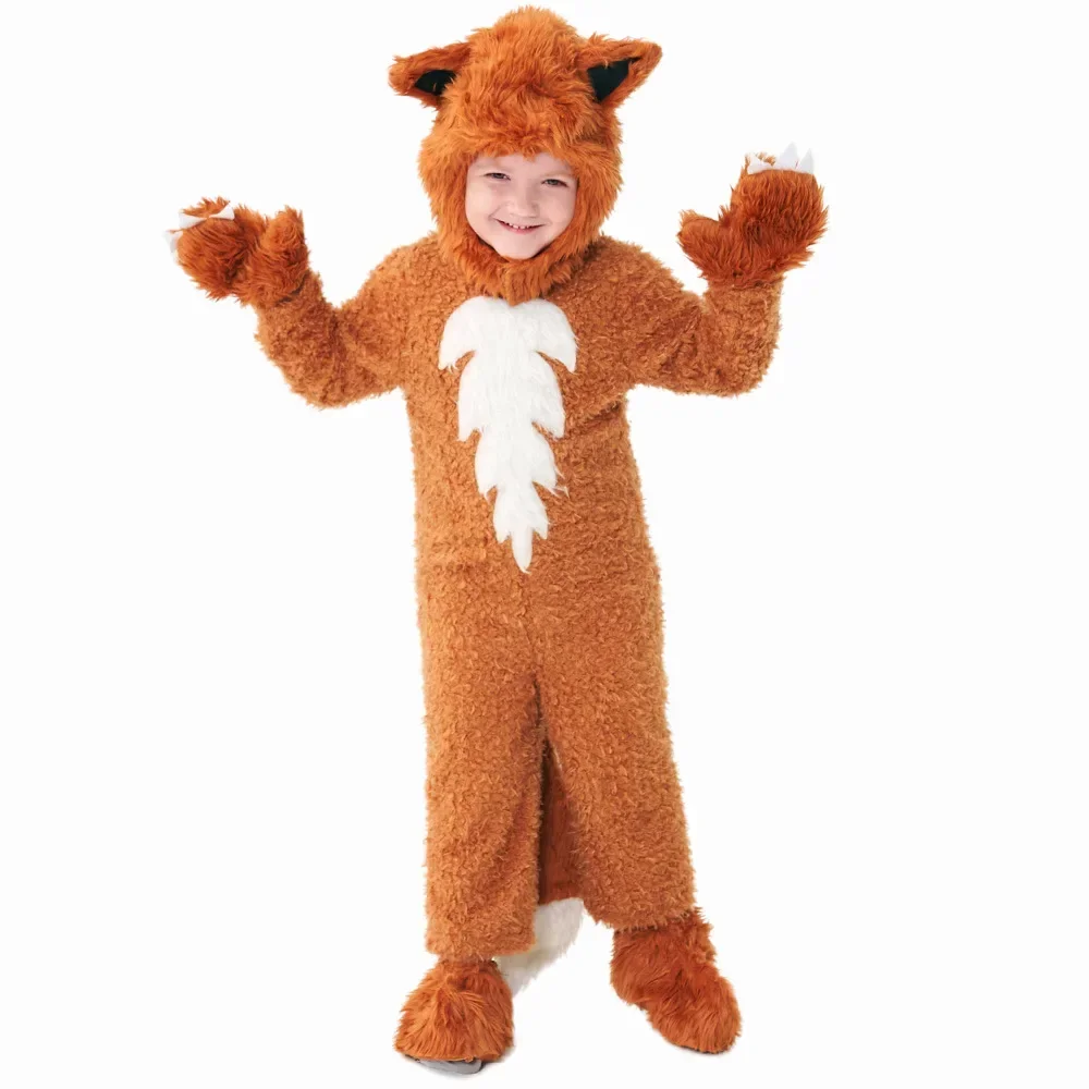 Toddler Child Fleece Furry Fox Costume Jumpsuit for Girls Boys 2-12Y Complete Set Animal Themed Party Cosplay Halloween Purim