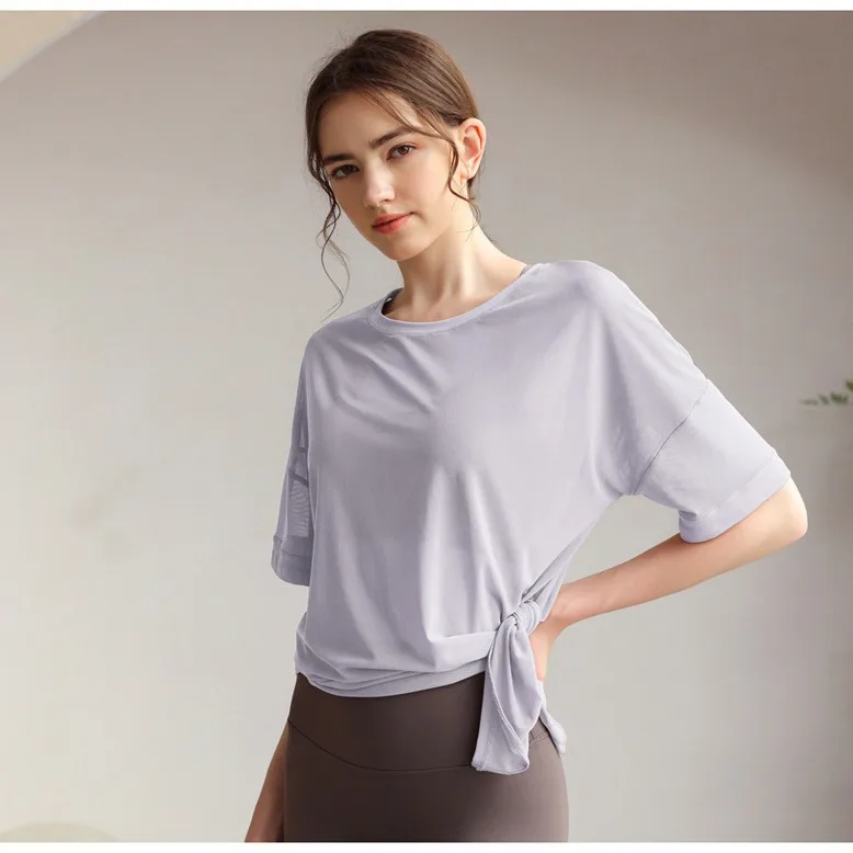 تي شيرت بأكمام قصيرة للنساء ، ملابس يوجا ، رقبة مستديرة ، فضفاضة ، جيدة التهوية ، بلون واحد ، منقسمة ، راحة ، رياضة ، لياقة بدنية ، صيف ،