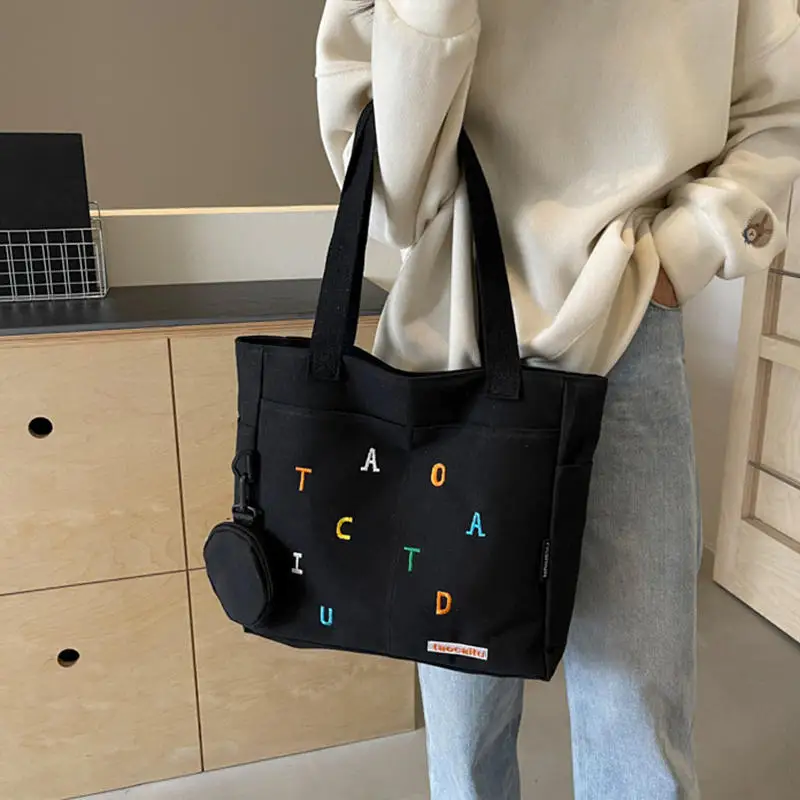 

Large Canvas Shoulder Bag Women Casual Spring Summer New Style Teenage Girl Heart Big Capacity Versatile Commuter Cloth Bag