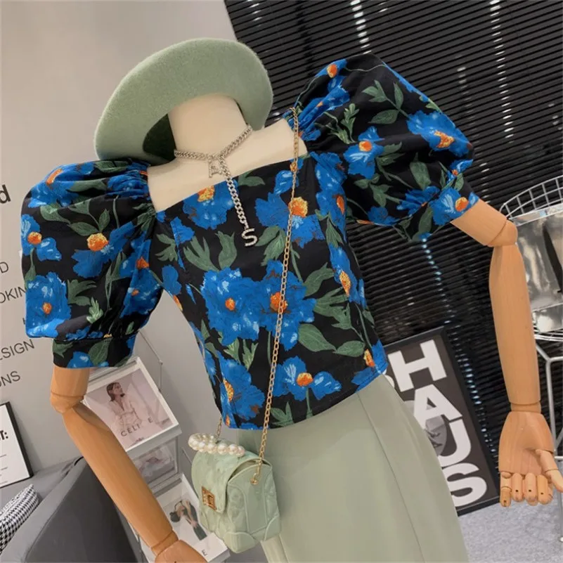 Summer Cotton Women Vintage Blue Printed Tops Elegant Square Collar Puff Sleeve Prairie Chic Slim Fashion Shirts Blouses Blusas