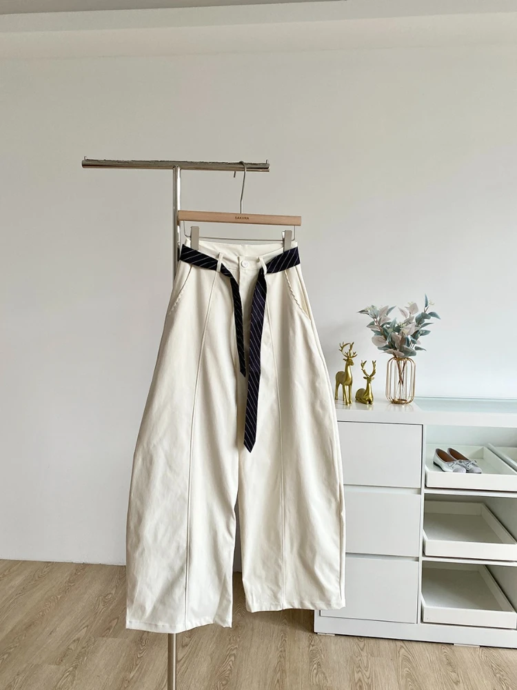 2025 خريف جديد الكورية نمط تصميم عصري فضفاض عالية الخصر تنوعا سراويل تقليدية الصلبة بنطال ذو قصة أرجل واسعة للنساء