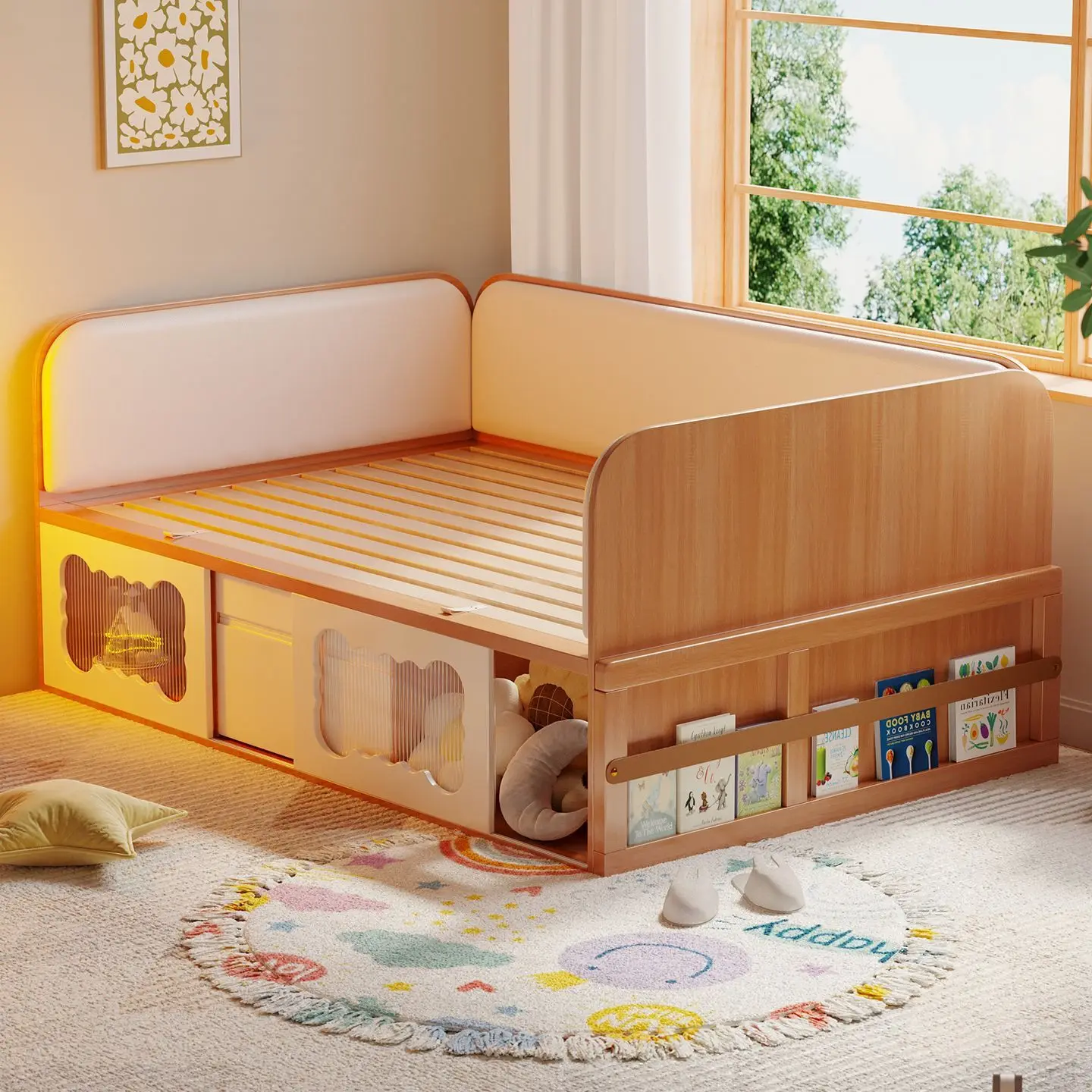 Customizable High Box Storage Bed Solid Wood Rib Bracket Bed Tatami Boys Girls Fenced Half Height Bed Furniture