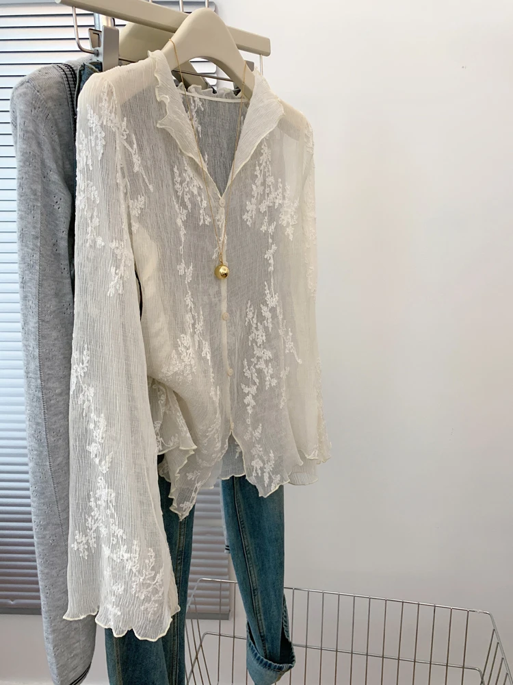 

Длинный открытый кардиган Pure Desire с кружевной вышивкой, женский весенне-осенний дизайн, элегантный слегка прозрачный топ