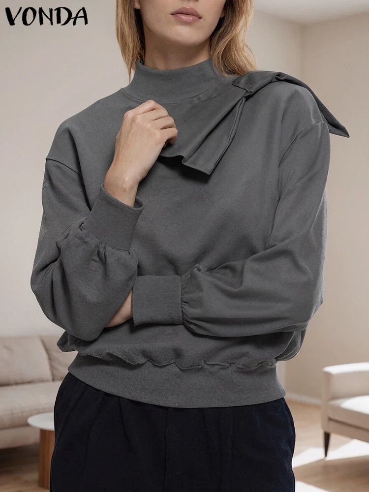

Autumn Sweatshirts Women Casual Loose Long Sleeve Hoodies Stand Collor Solid Color Large Bow Pullovers Plus Size VONDA 2025