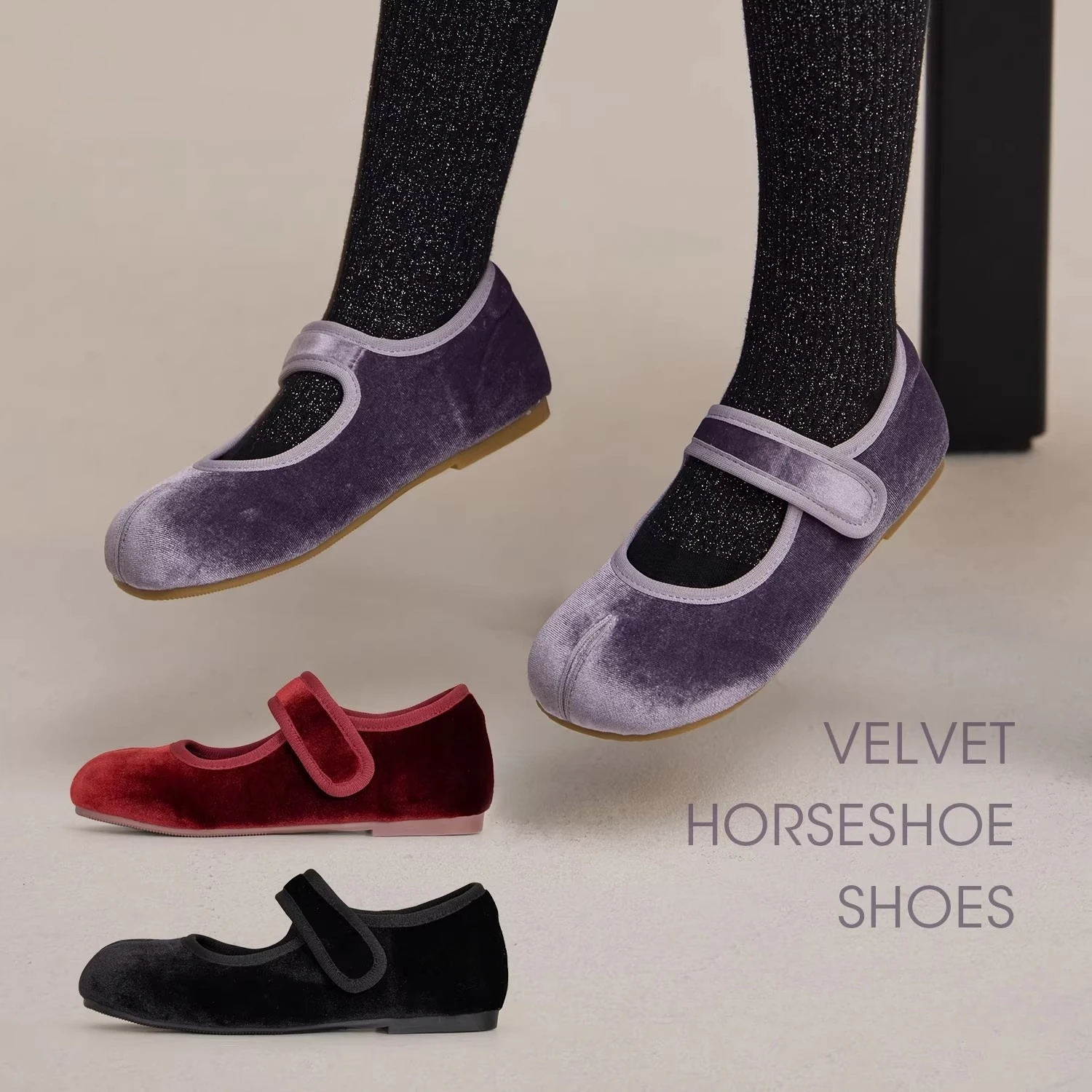 Tabi Split Toe Design Purple Velvet Shoes Kid Girl Vintage Black Velour Ballet Flats Baby Child Soft Sole Round Toe Mary Janes