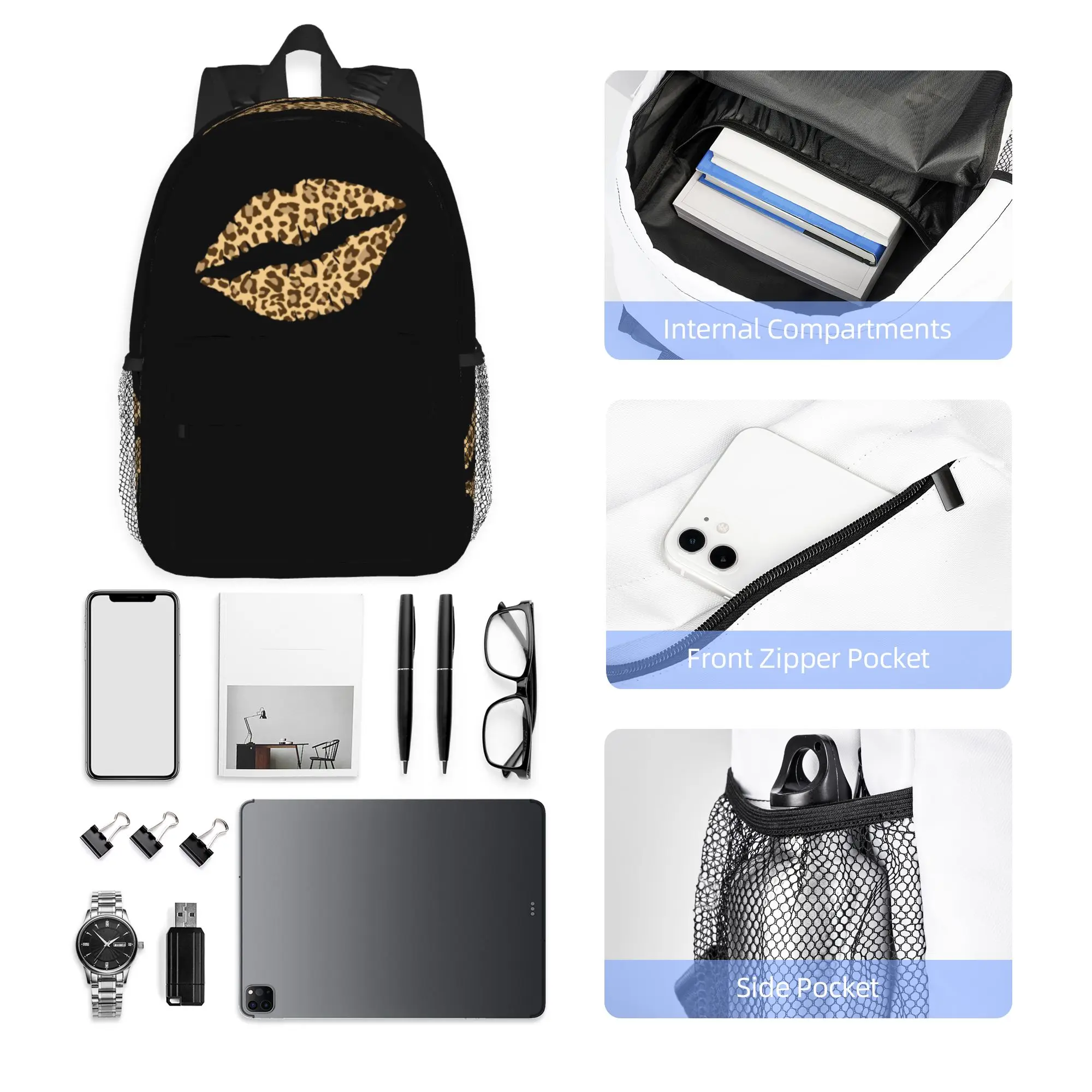 Leopard Print Lips Backpack Hot Sale Daypack Large Capacity Boys Girls BookBag Shoulder Bags for Men Women School Bag