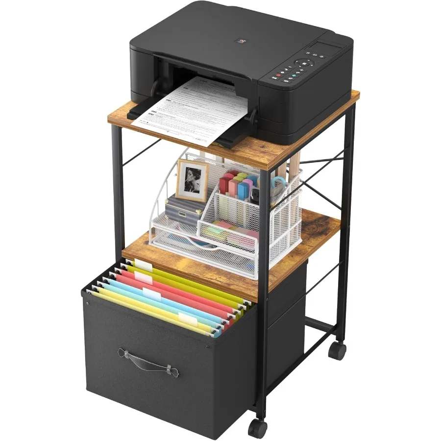 حامل طابعة كبير بعجلات مكسرة، وخزانة ملفات مثبتة على الجانب مع درجين قماشين كبيرين، أسود.