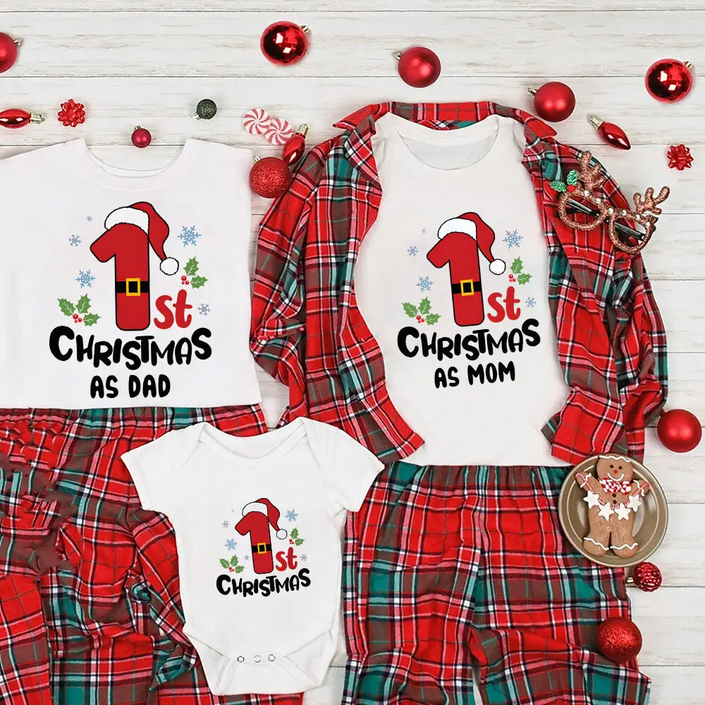 

First Christmas As Dad Mom Baby 1st Christmas Family Matching Shirts Xmas Clothes Gifts 2025 Xmas Holiday Outfits
