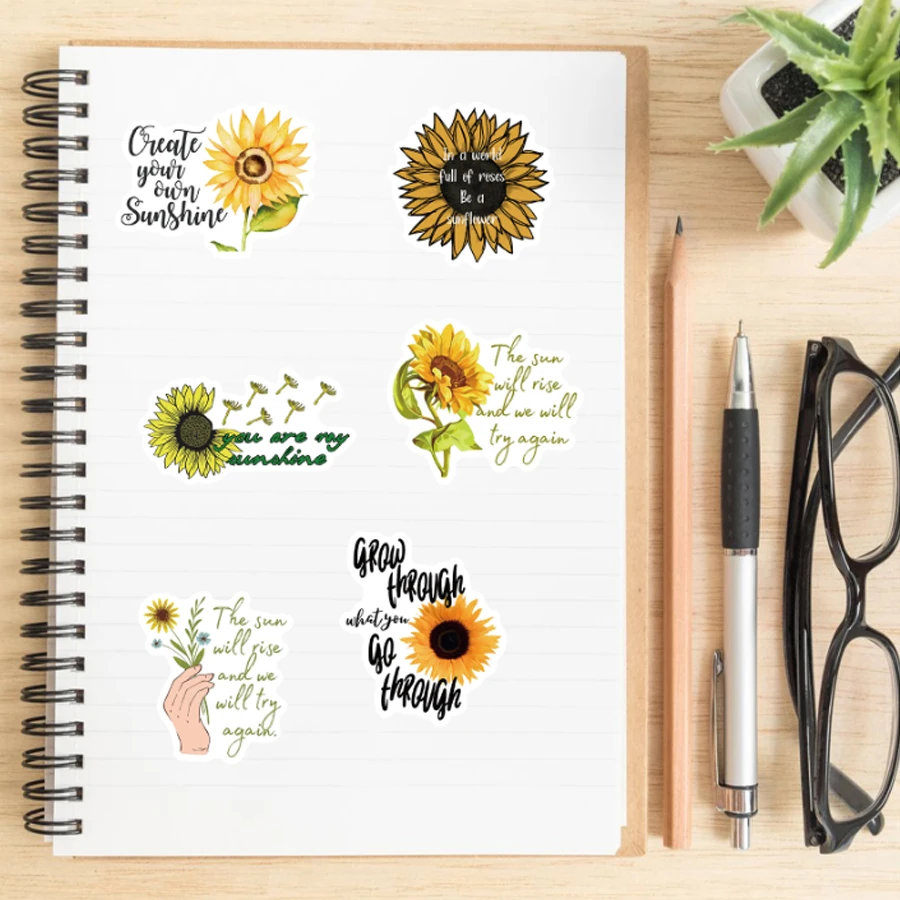 50Pcs Inspirational Sunflower Stickers, Cute Decorative Label Stickers, Suitable for Luggage, Notebooks, DIY Creations, Decorative Stickers, Cute Decorative Stickers for Scrapbooking Stationery, Decorative Label Stickers Suitable for Diary Scrapbooking, Photo Albums, Stationery Tape, Diary Scrapbooking Materials