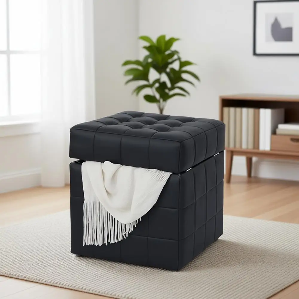 

Квадратный пуф-хранилище 17 дюймов, деревянный каркас, с откидной крышкой, 46,5 литров, многофункциональный пуф для разных помещений, из искусственной кожи с прострочкой