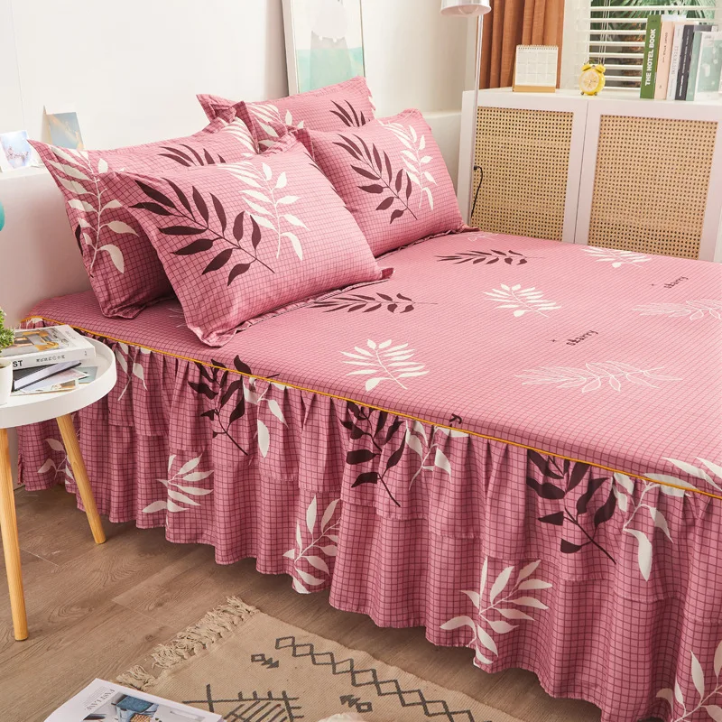 New 3Pcs Flower Bed Skirt 2 Pieces Pillowcase Bedspread Wedding Bed Skirt Double Bedspread Multi Size Mattress Cover Bedding