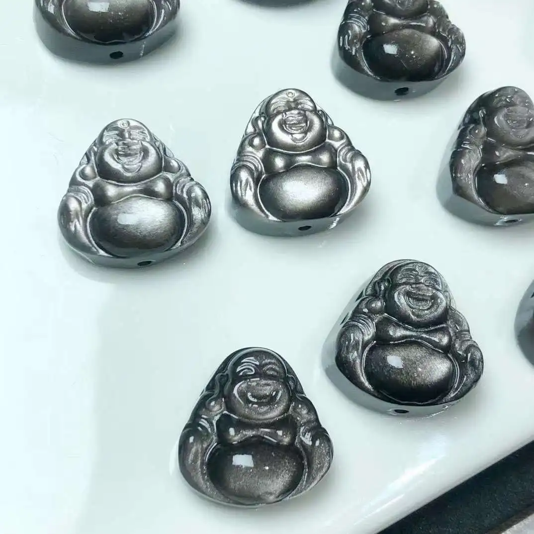 Natural Silver Obsidian Smile Buddha Pendant Reiki Jewelry Healing Stone For Men Women Decoration Jewelry