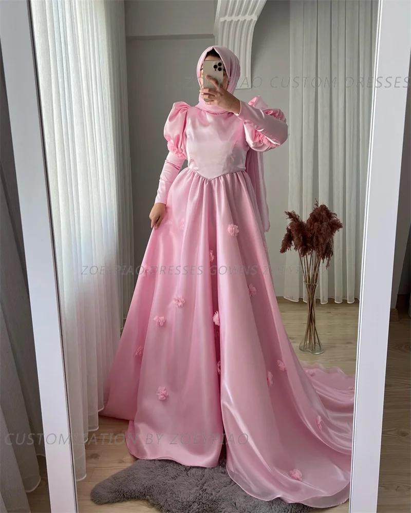 Light Pink 3D Flowers Prom Dress Silk Satin A Line Muslim Evening Dress Gowns O Neck Long Sleeve فستان سهرة Formal Party Dress