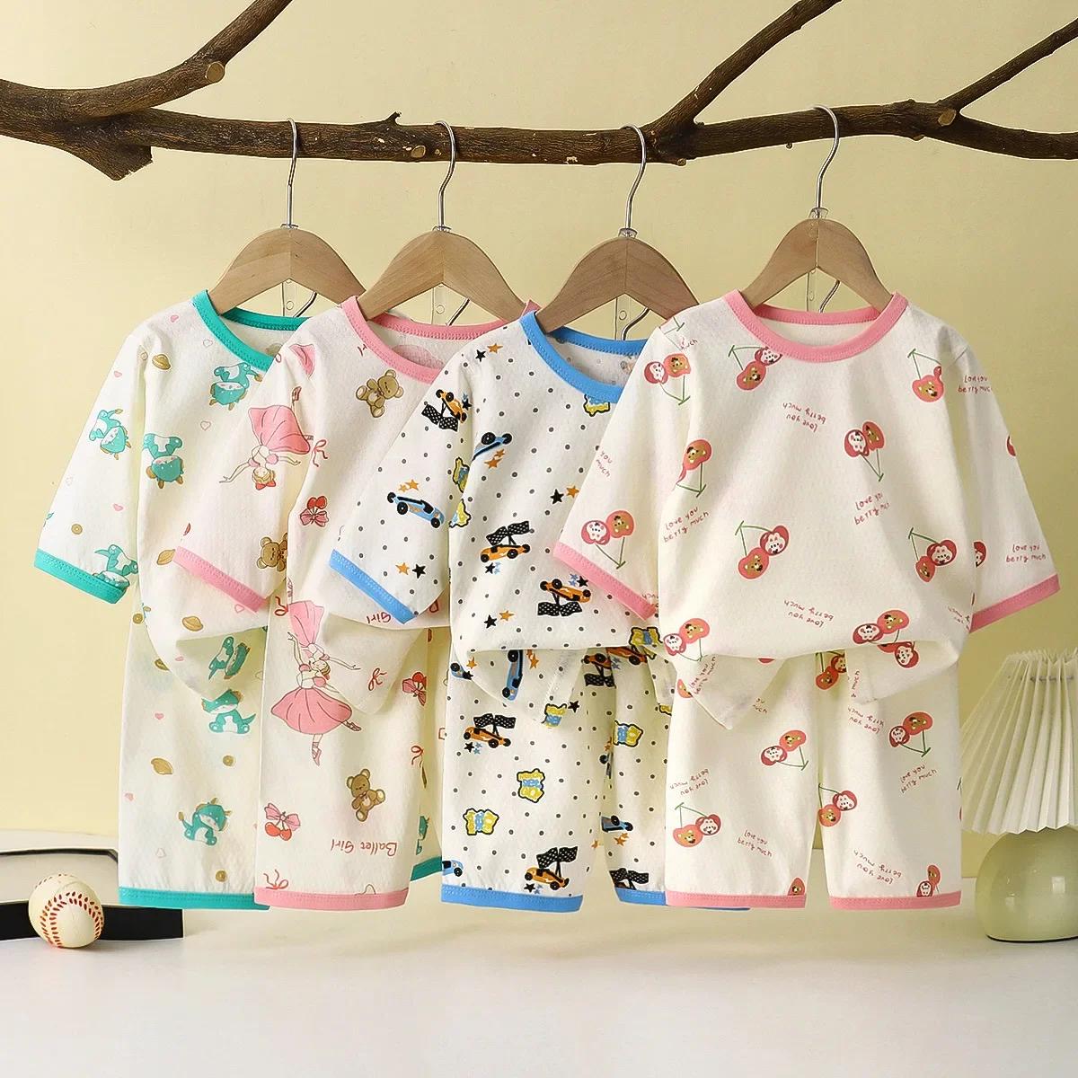 Children's Summer Thin Breathable Pajamas Three-quarter Sleeve Cartoon Print Clothing Set Sleepwear Boys Girls Casual Homewear