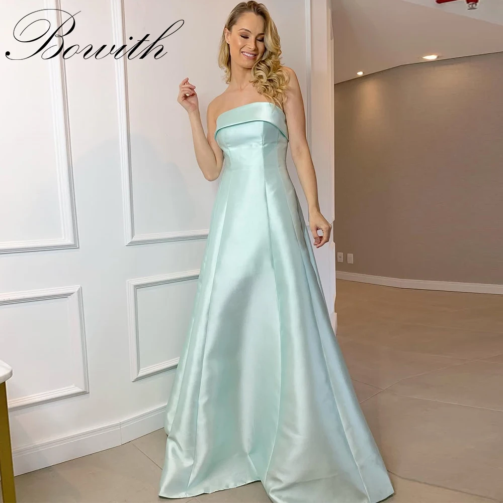 

Bowith Simple Evening Dresses Customized A-Line Strapless Floor-Length Satin Prom Dresses Corset Back Party Dresses