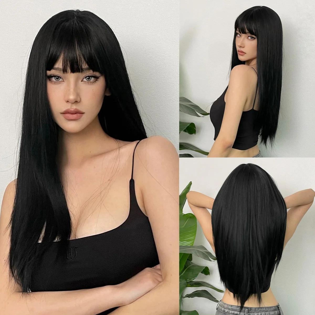 

Long Black Straight Synthetic Wigs Natural Black Fake Hair Wig With Bangs for Women Use Daily Party Cosplay Heat Resistant