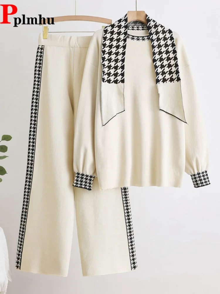 

Элегантный вязаный комплект из двух предметов: свитер с круглым вырезом и длинными рукавами, повседневный женский пуловер, топы и свободные брюки с высокой талией.