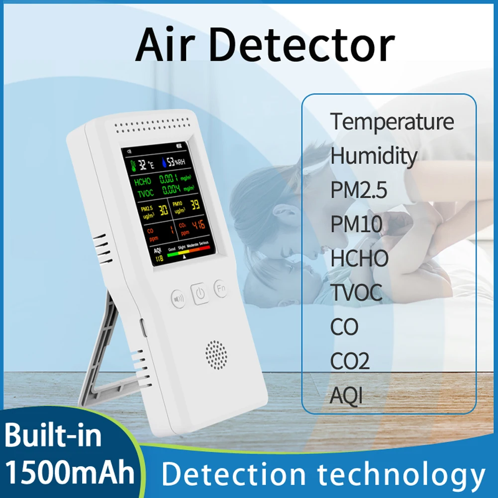 CO2 Meters Air Quality Detector 9 In 1 Temperature Humidity PM2.5 PM10 HCHO TVOC CO CO2 AQI with Backlight LCD Color Display