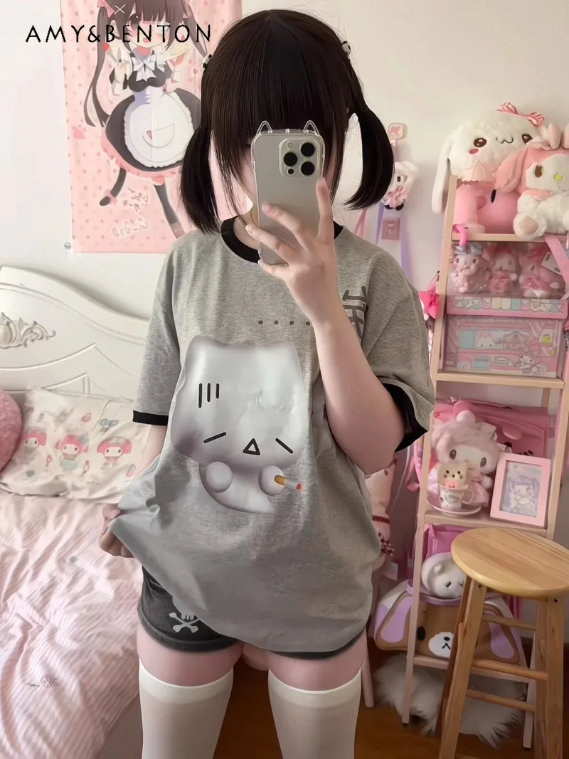 

Original Authorized Zhai Moe Japanese Printed Cartoon Summer Pure Cotton Color Matching Striped Short Sleeve Women