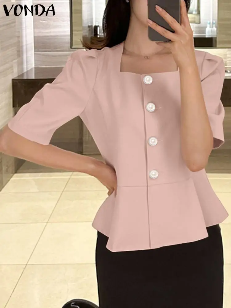 VONDA Casual Tops 2024 Women Elegant Short Sleeve Square Collar Shirts Summer Blouse Sexy Solid Color Tunic Casual Blusas