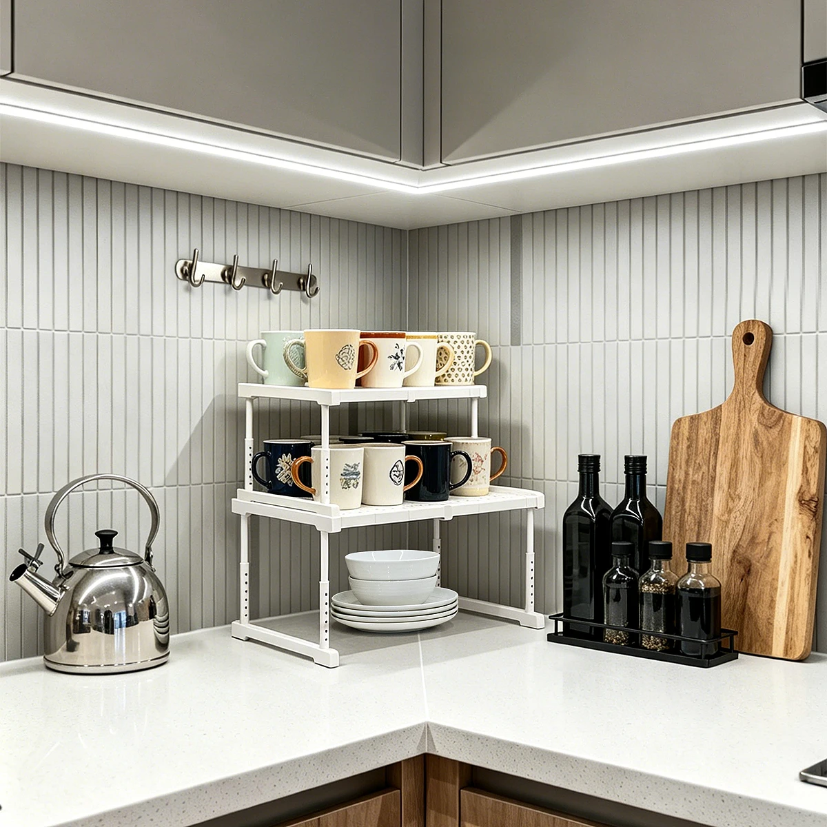 The Four-Sided Retractable Storage Rack Can Be Used under the Kitchen Sink, on the Kitchen Countertop, or in the Wardrobe to Increase Storage Efficiency