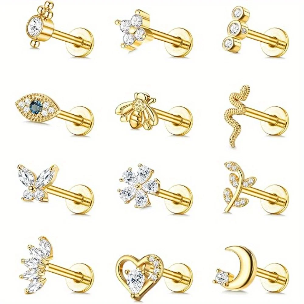 Drperfect 12Pcs Cartilage Stud Earring for Women Stainless Steel Screw Flat Back Earrings Nose Helix Tragus Piercing Jewelry Set