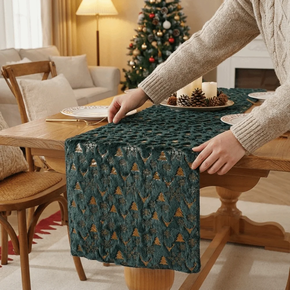 Embroidered Christmas Table Runner Christmas Tree Pattern Long Strip Antlers Printed Tablecloth Soft Thickened Table Flag