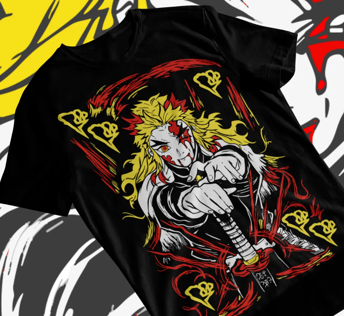 

Kyojuro Rengoku T-Shirt Kimetsu no Yaiba Anime Demon Slayer Black Shirt Soft Tee