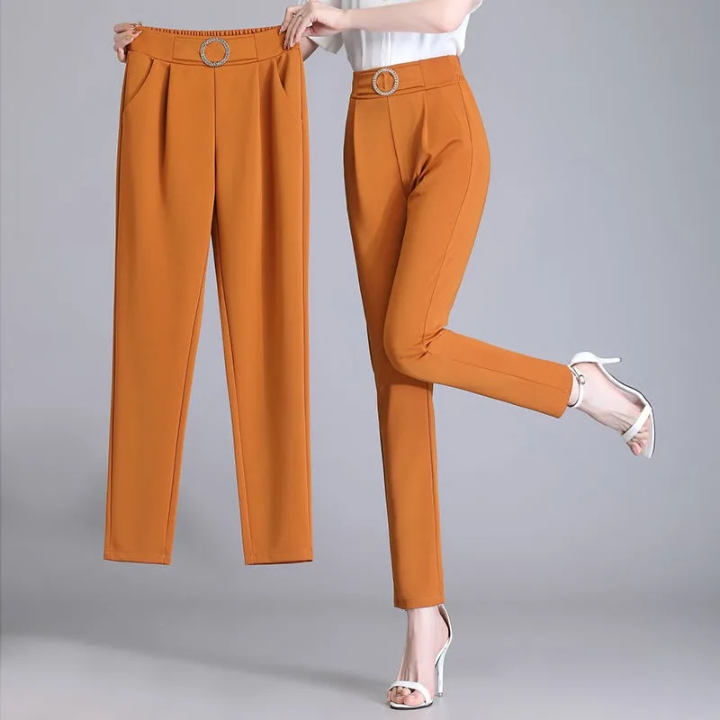 

Office Lady All-match Woman Slim Pencil Pants Korean Fashion Elastic High Waist Pockets Spring Autumn New Female Casual Trousers