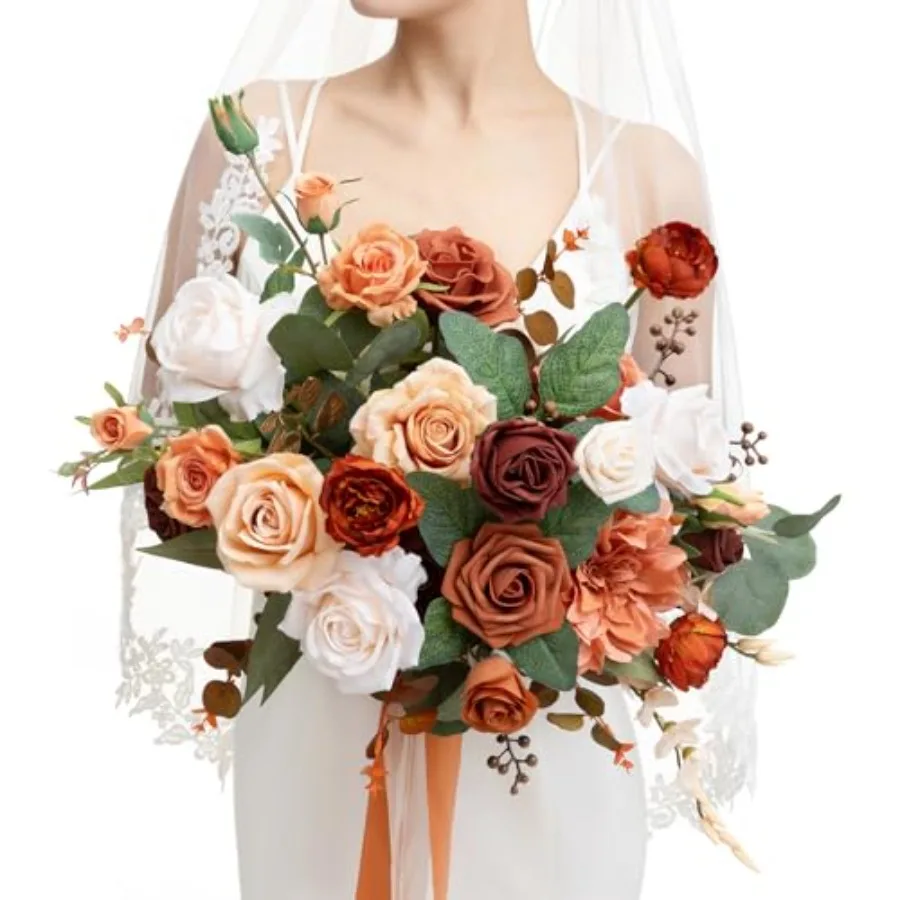 

Terracotta Wedding Bouquets for Bride, Burnt Orange Bridal Bouquets for Bride, 15 Inch Free Form Artificial Wedding Flower Bouq