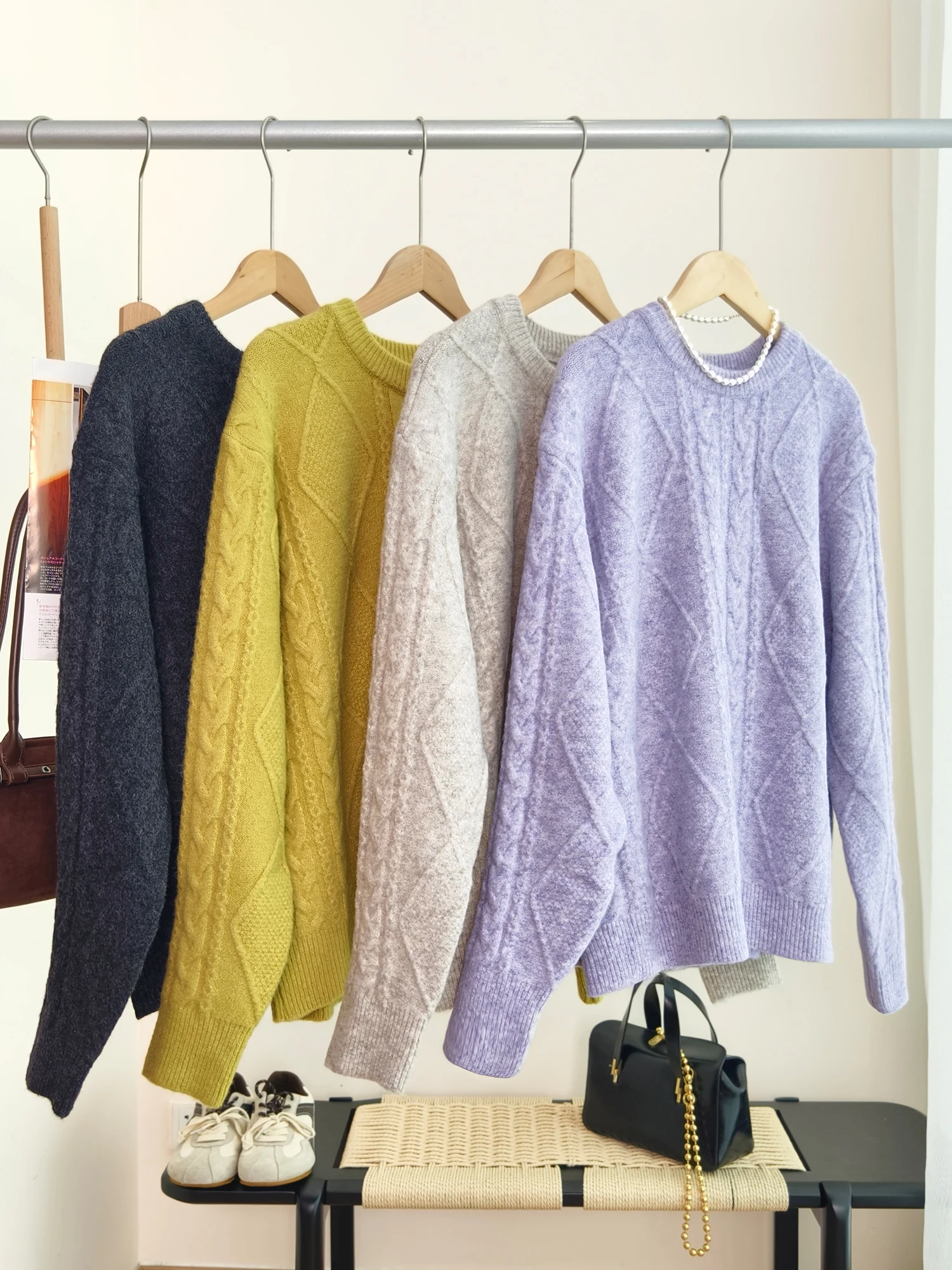 

Loose round Ne Knitted Sweater Women's Mixed Fiber Fluffy Soft Multi-strand Wool Blend 3D Diamond Pattern Casual Sle