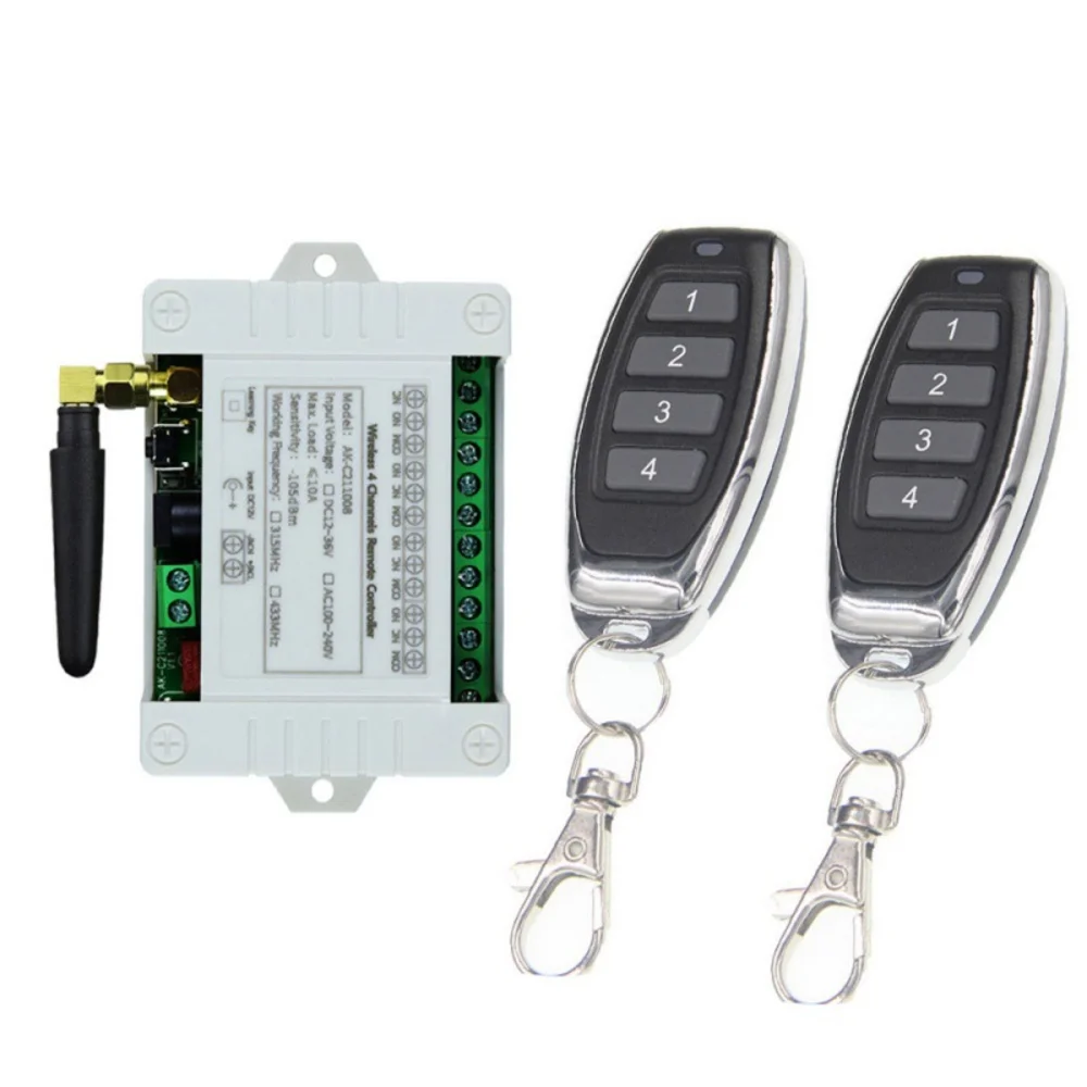 4Smart Multiple Remote Control Switch Wireless 4CH Relay Receiver 33MHz 2 Transmitters DC 12V 24V 36V Remote Distance 50-1000M