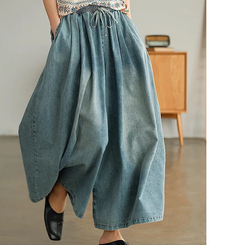 

Female new summer thin large denim high waisted skirt pant artistic and vintage personalized loose fitting casual wide leg pant