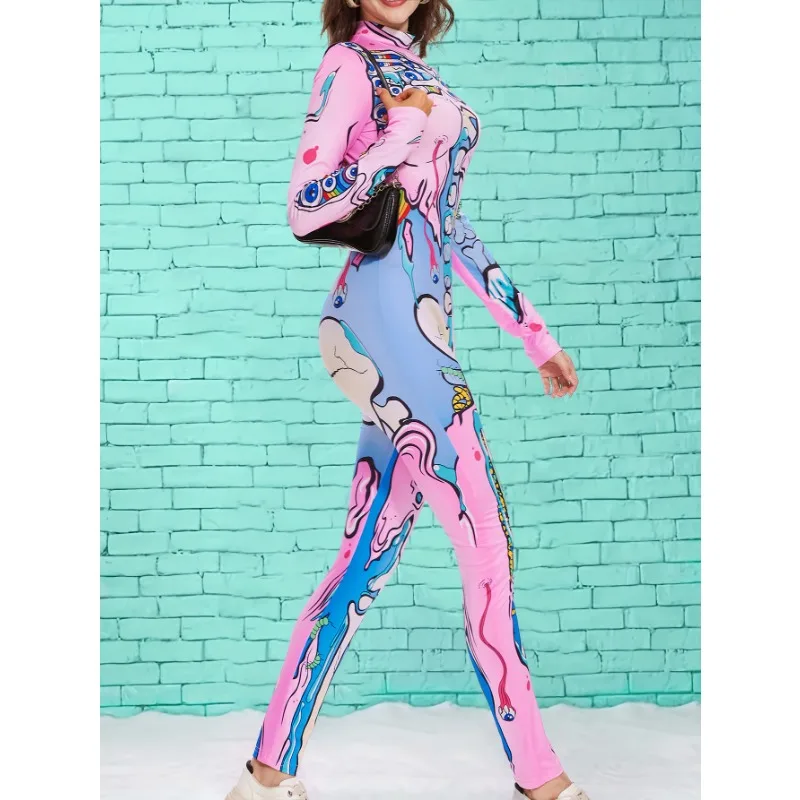 Women\'s Sexy Skeleton Jumpsuit Halloween Cosplay Girl Printed Bone Tight Long Sleeve Jumpsuit Street Trend Role Play Costume