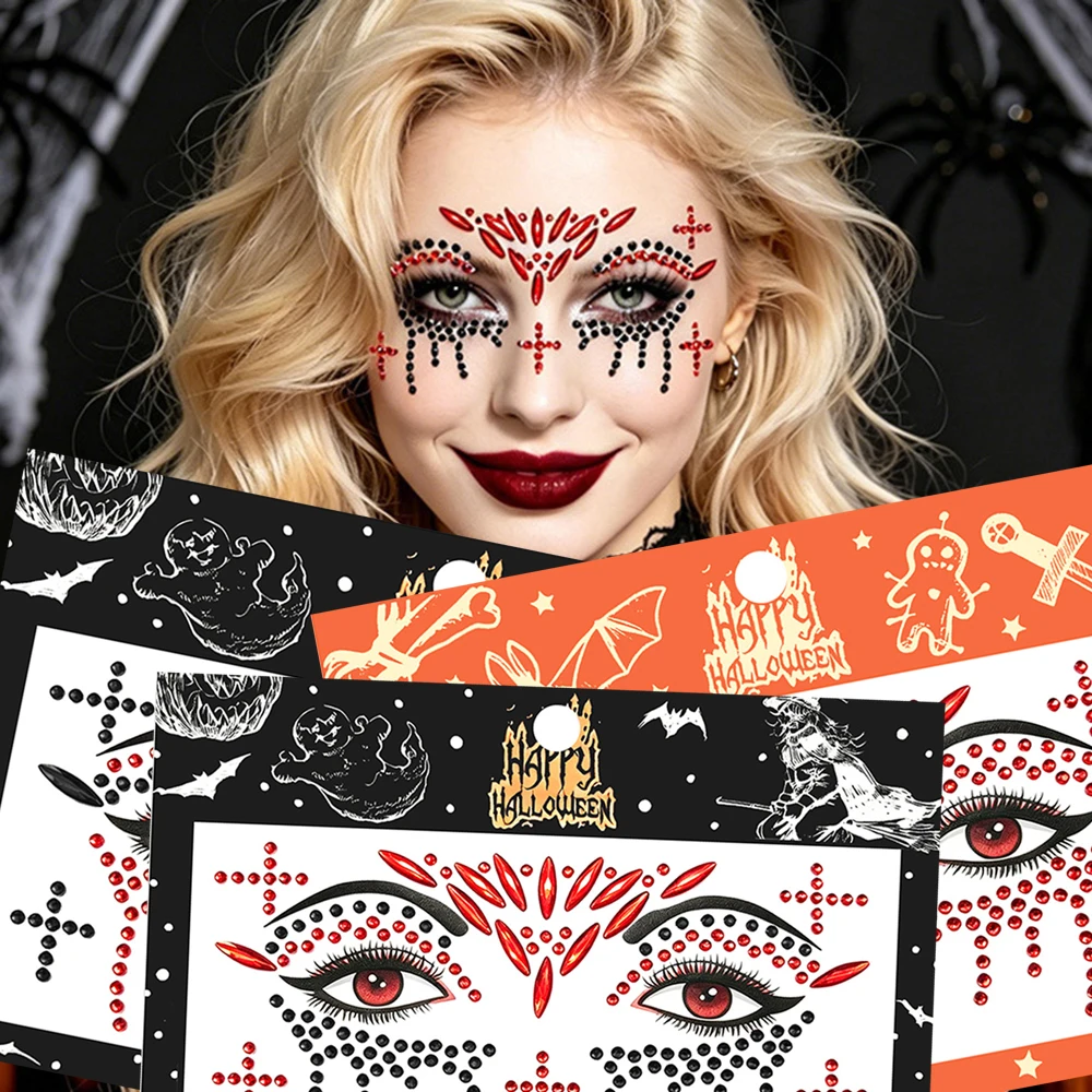 Beauty Gems Makeup - 1個入り 赤黒クリスタルジェム ハロウィンフェイスステッカー キラキラ光る粘着式フェイスボディメイクジュエルステッカー コスプレ用フェイシャルダイヤモンドデカール