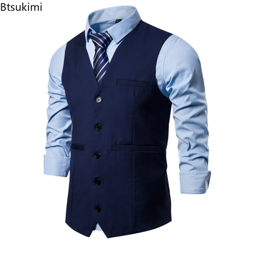 2026 New Men Suit Waistcoat Elegant Slim Fit V-neck Single Breasted Dress Vest with Pockets Men Weddings Party Formal Suit Vest