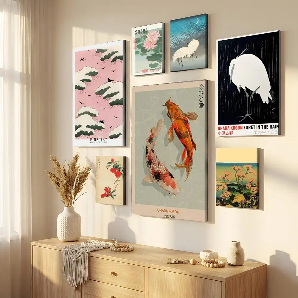 Hokusai O-Ohara K-Koson Art Framed Wall Painting Framed Canvas Wall Art Waterproof Wall Decor For Living Room Bedroom