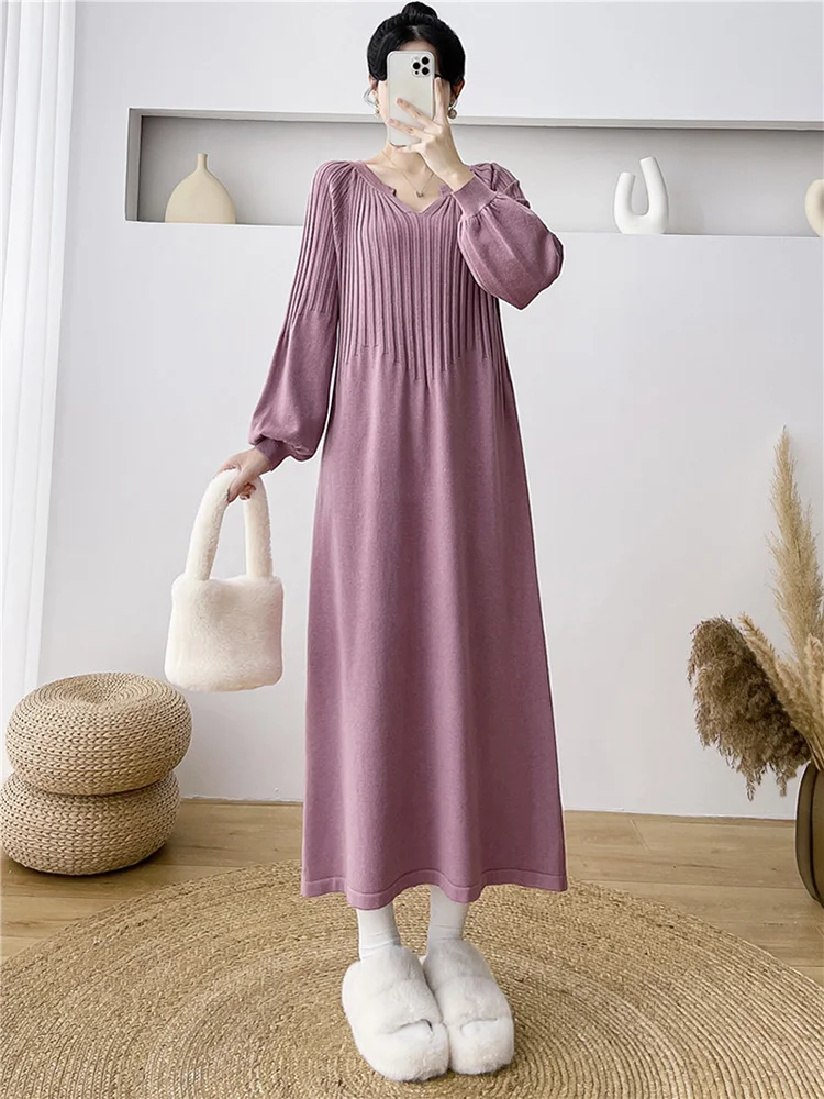 Neue Frauen Lose lange Pullover Kleid Herbst Winter Mode V-Ausschnitt Langärmelig Lässiges Strickkleid Überlanges Pulloverkleid