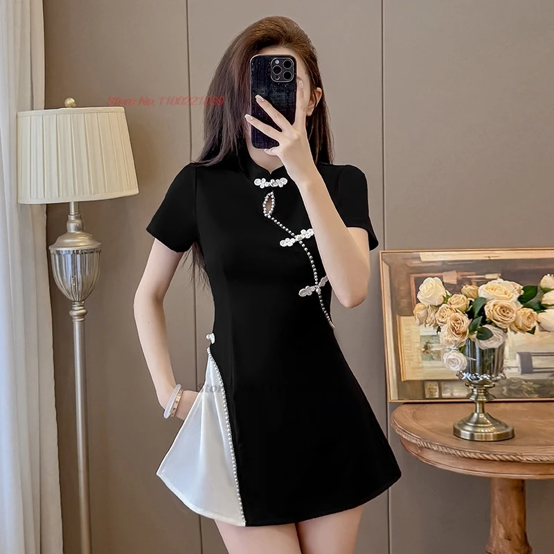

2026 chinese sexy nightclub dress beauty uniform improved cheongsam patchwork color qipao dress+shorts set hotel spa work dress