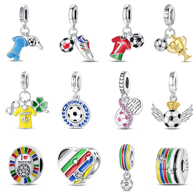 100% 925 Sterling Silver I Love Soccer Series Lucky Football Trophy Charms Beads Fit Qikaola Original Bracelets Fine DIY Jewelry