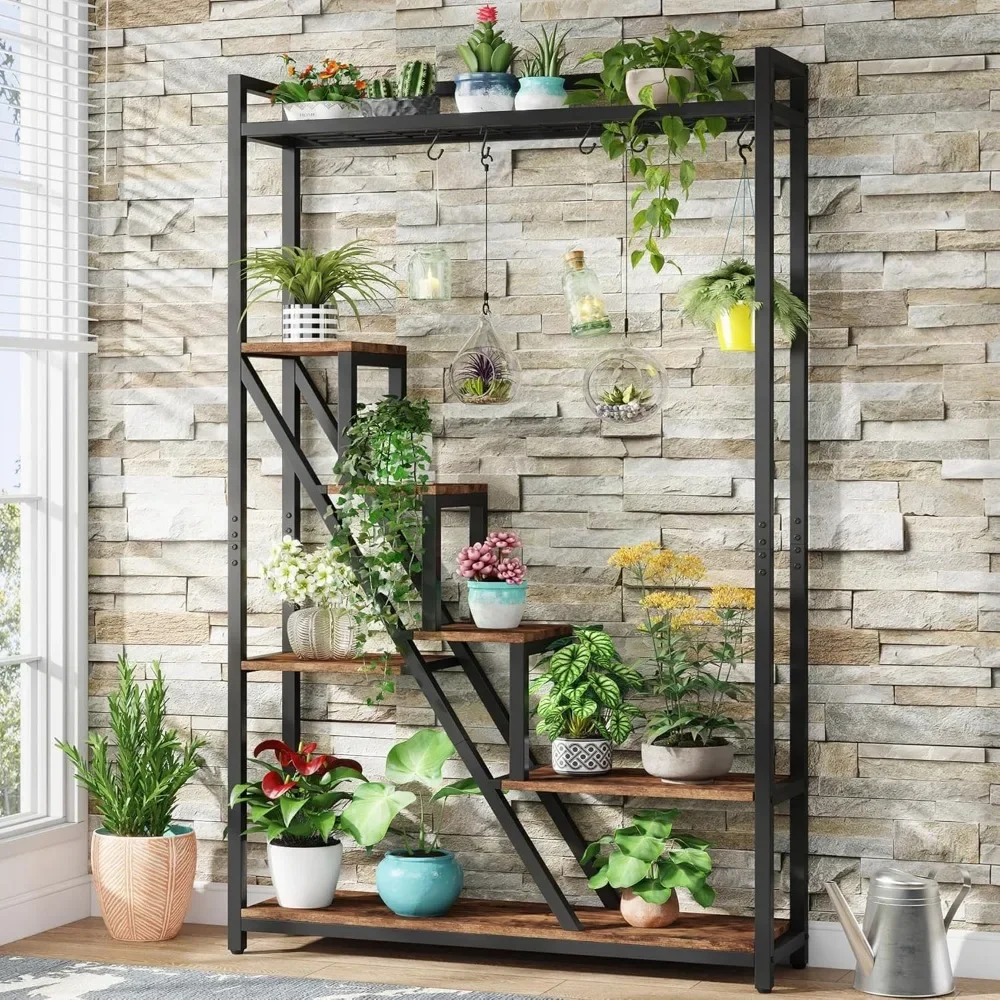 

70.9" Tall Indoor Plant Stand, 7-Tier Large Plant Shelf with 5 S-Hooks, Industrial Wood Flower Stand Display Rack For