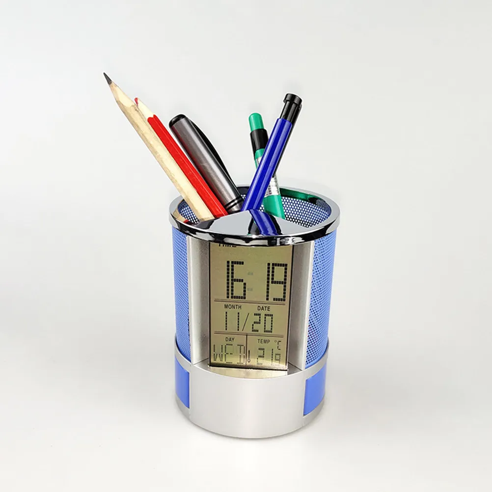 

Многофункциональный металлический пластиковый держатель для ручек с ЖК-дисплеем: часы, календарь, дата, температура, обратный отсчет, отображение дня недели, настольный органайзер