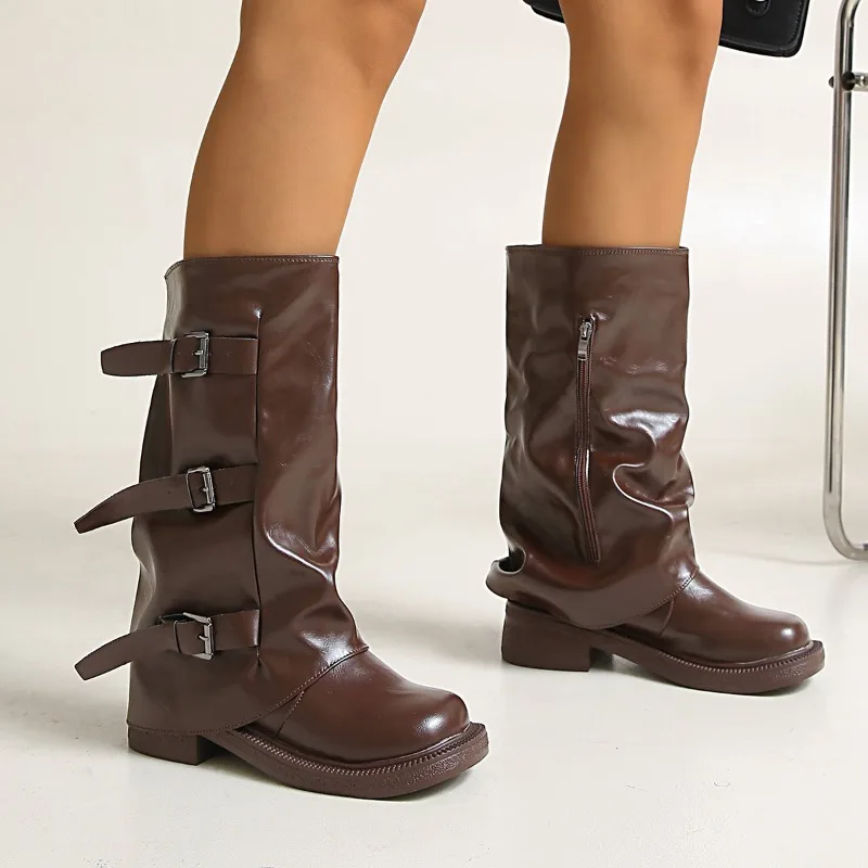 

Women's 2025 New Autumn Versatile Mid-Leg Boots Fashion Round Toe Sleeve Pleated Block Heel Shoes